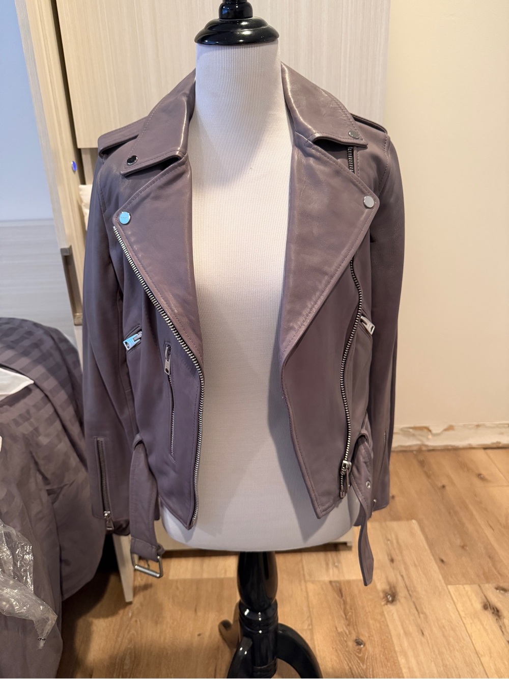 All saints grey leather jacket balfern size 2